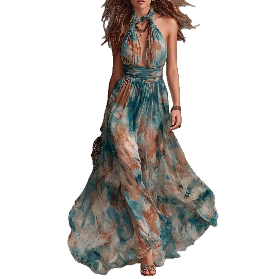 Halterneck Backless Casual Long Dress With Ink-wash Floral Print - cas7m
