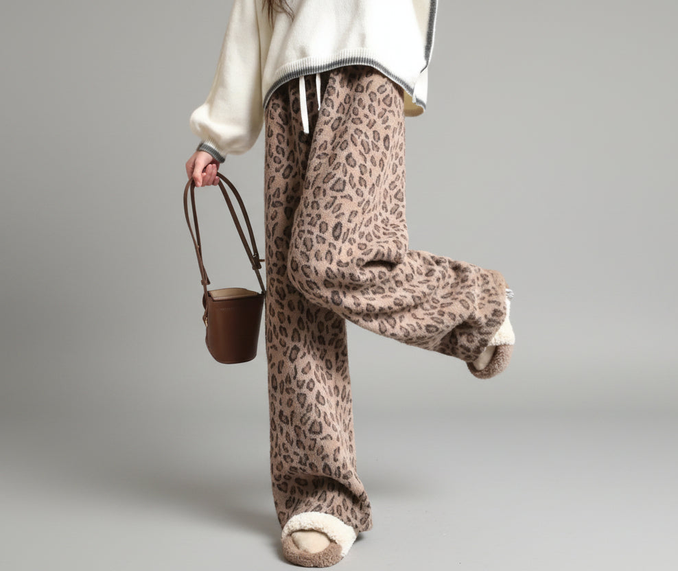 Heavy Weight Leopard Print Wide-leg Pants Spring And Autumn Women's Clothing - cas7m