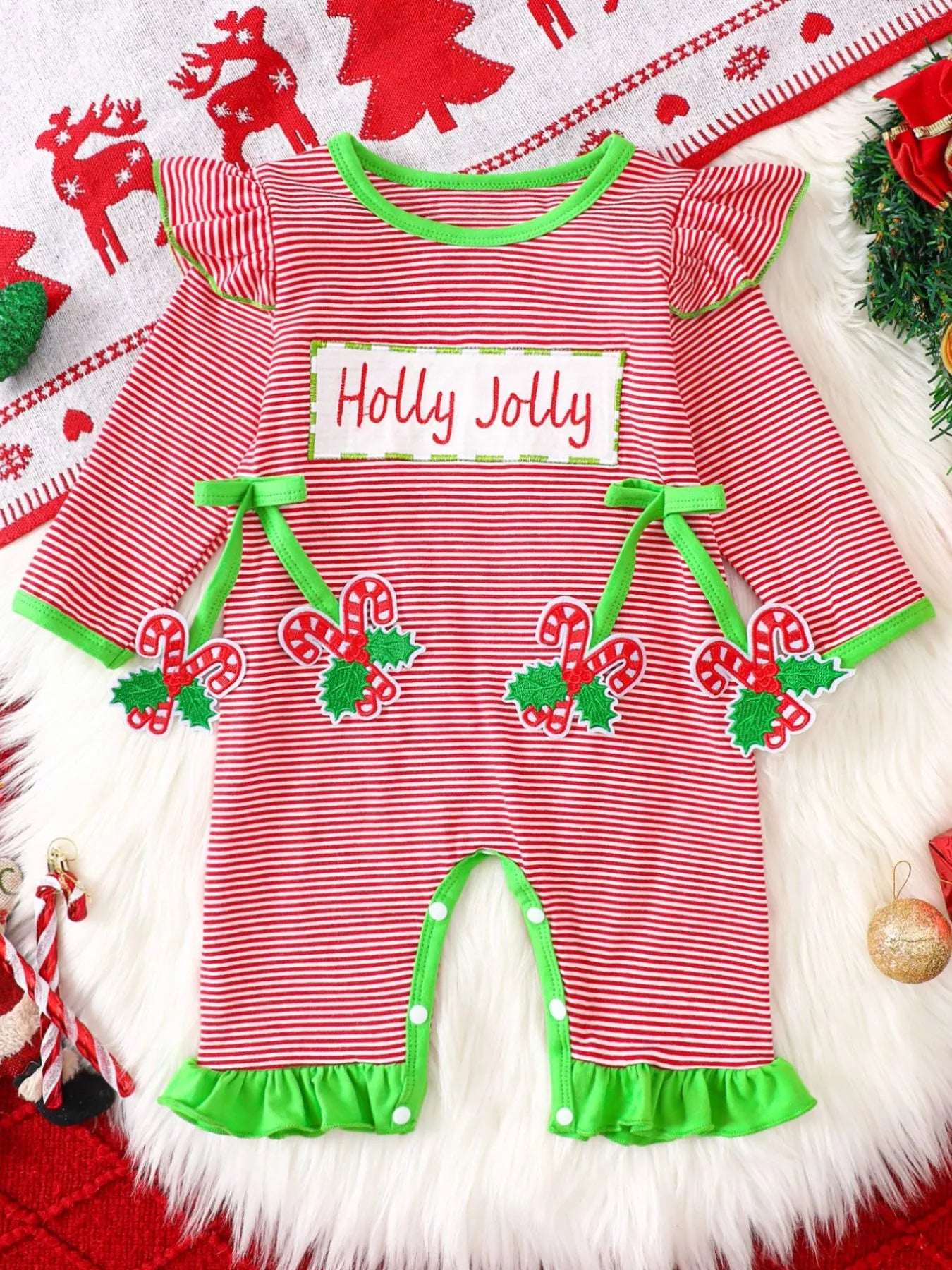 Children's Christmas-Themed Striped Snapped Legs Jumpsuit - cas7m