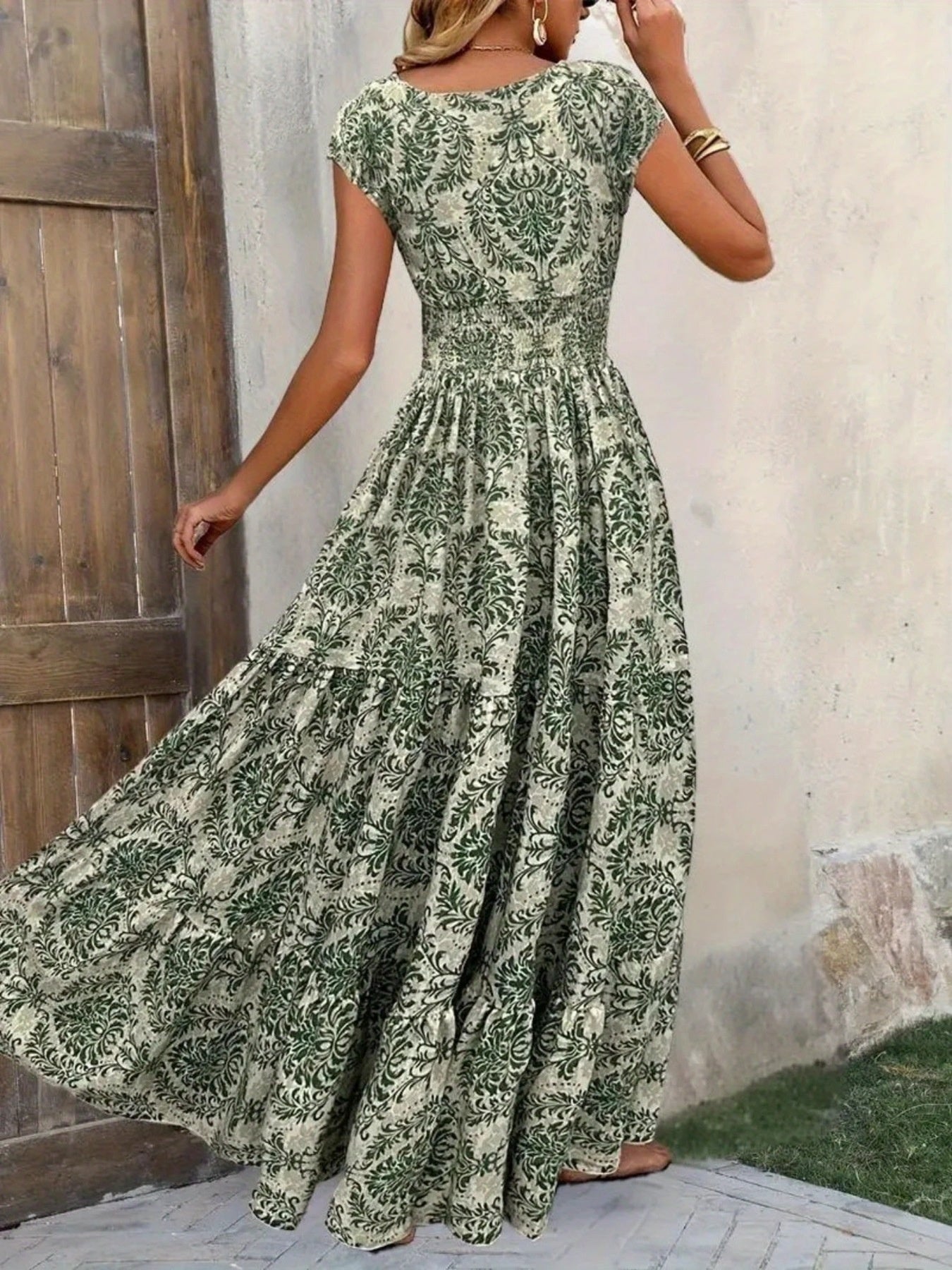 Printed Cap Sleeve Maxi Dress - cas7m