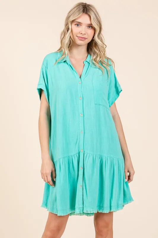 Mittoshop Linen Blend Button Down Shirt Mini Dress - cas7m