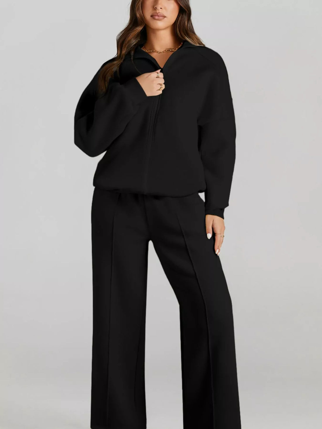 Drop Shoulder Zip Up Jacket and Drawstring Pants Active 2pcs Set - cas7m