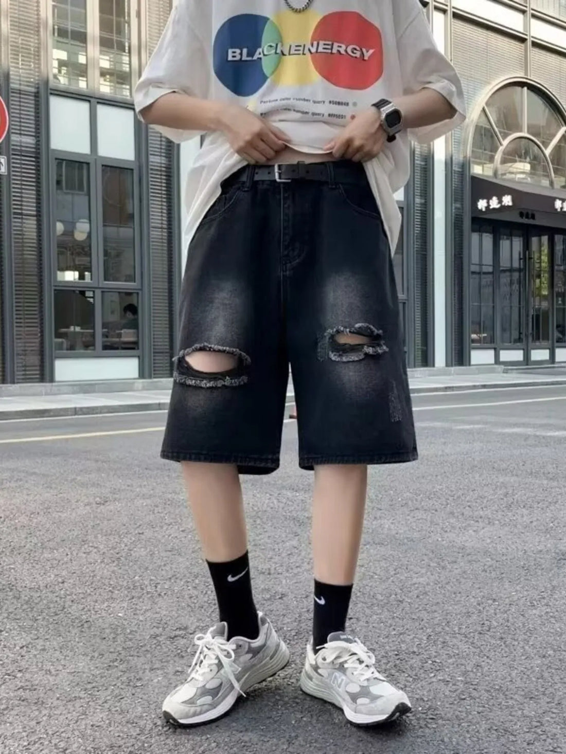 Men's Full Size Distressed Loose Fit Denim Shorts Plus Size - cas7m