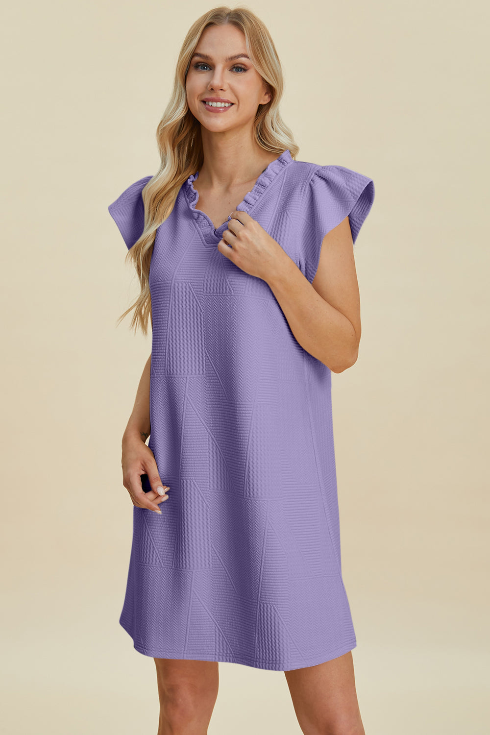 Double Take Full Size Ruffled V-Neck Cap Sleeve Dress - cas7m