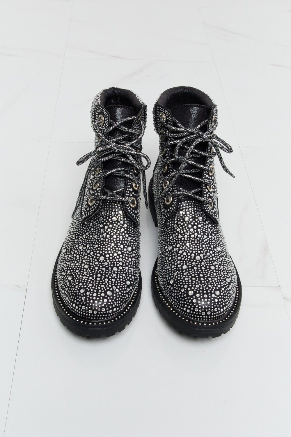 Forever Link Rhinestone Lace-Up Combat Boots - cas7m
