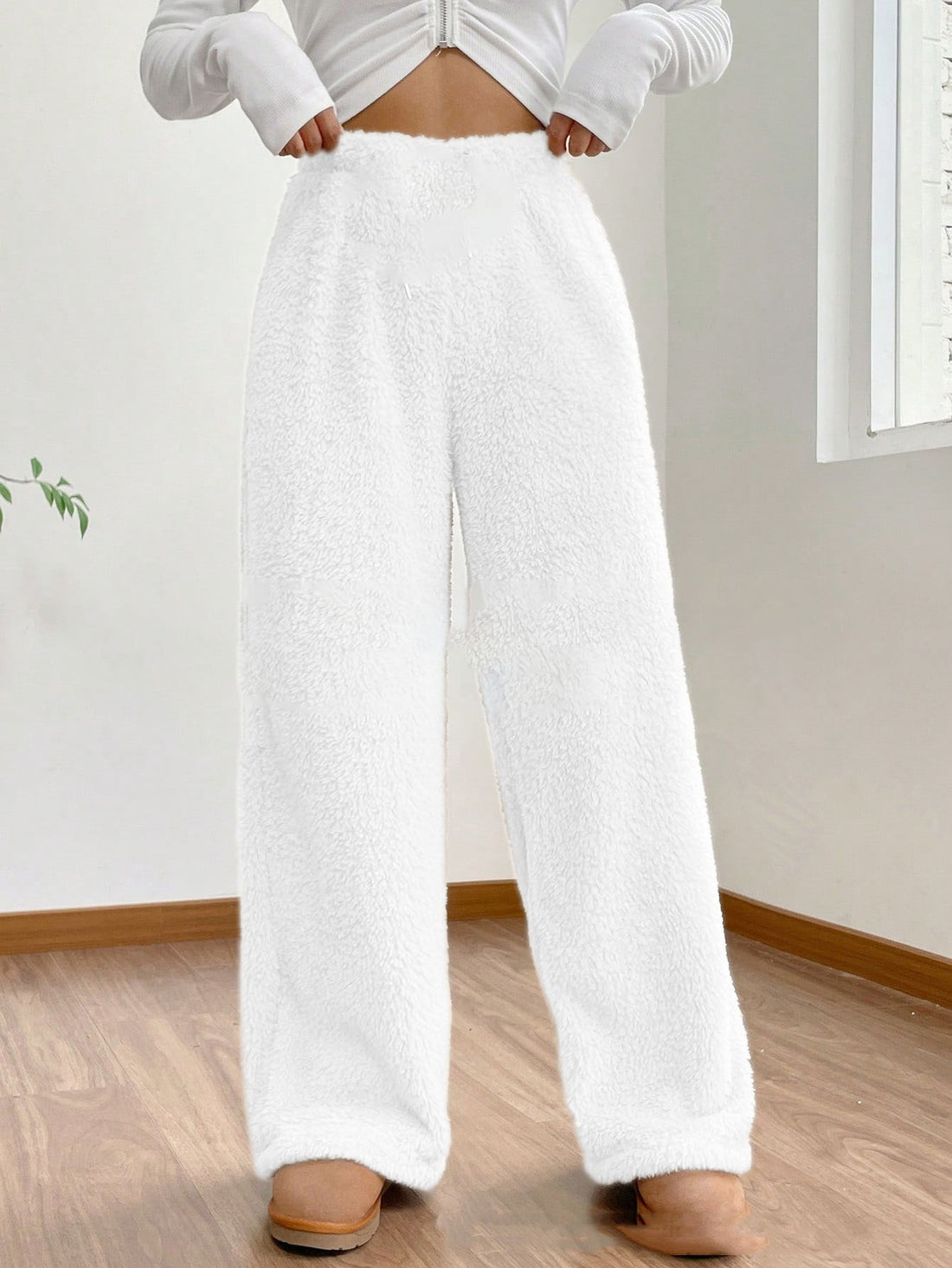 Women's Solid Color Loose Fleece Casual Pants - cas7m