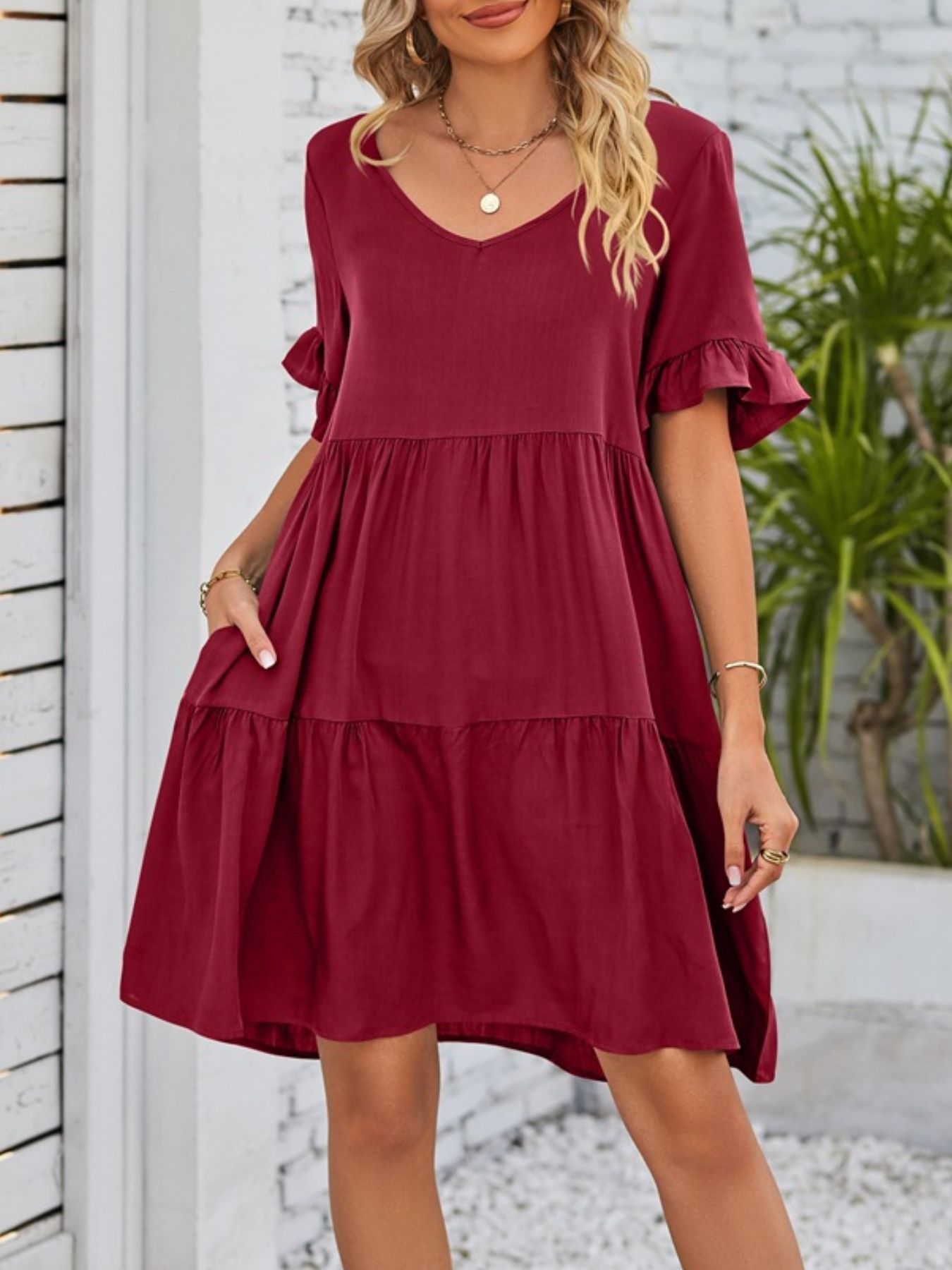 Ruffled Sleeve Tiered Mini Dress - cas7m