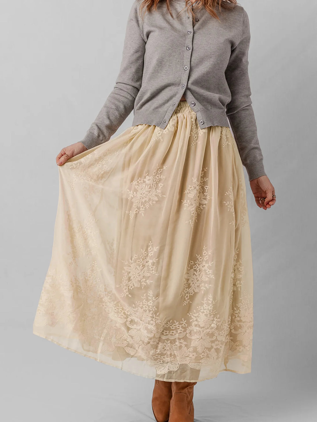 Embroidered Mesh Overlay Flowy Midi Skirt - cas7m