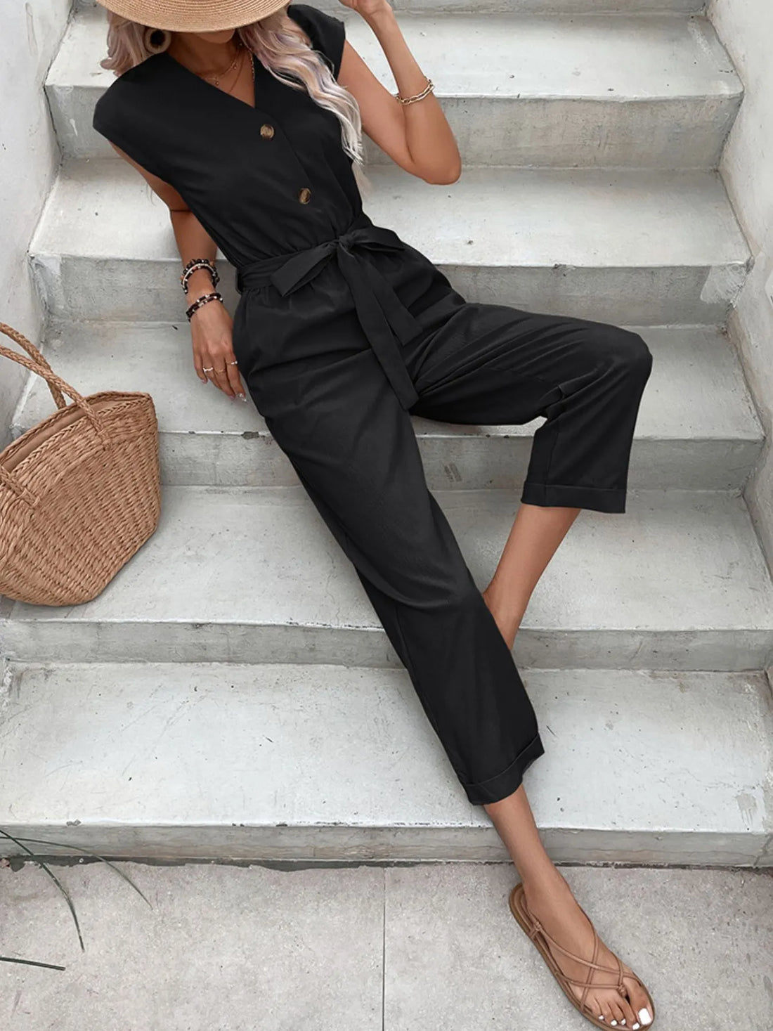 Button-Front Tie Waist Jumpsuit - cas7m