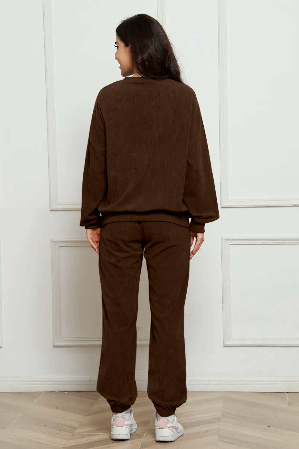 Corduroy Round Neck Sweatshirt and Sweatpants Set - cas7m