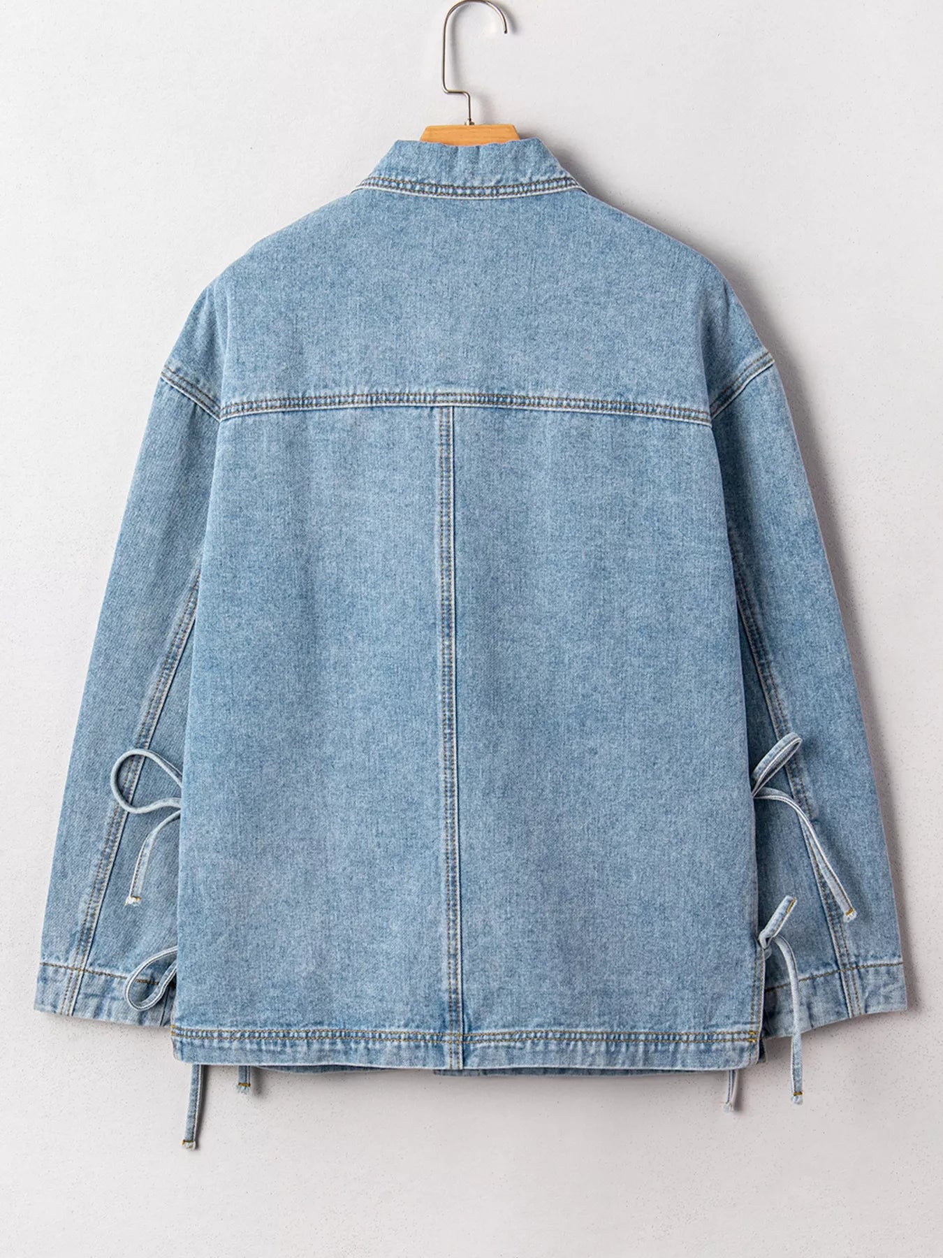 Patched Pockets Side Tie Denim Jacket - cas7m