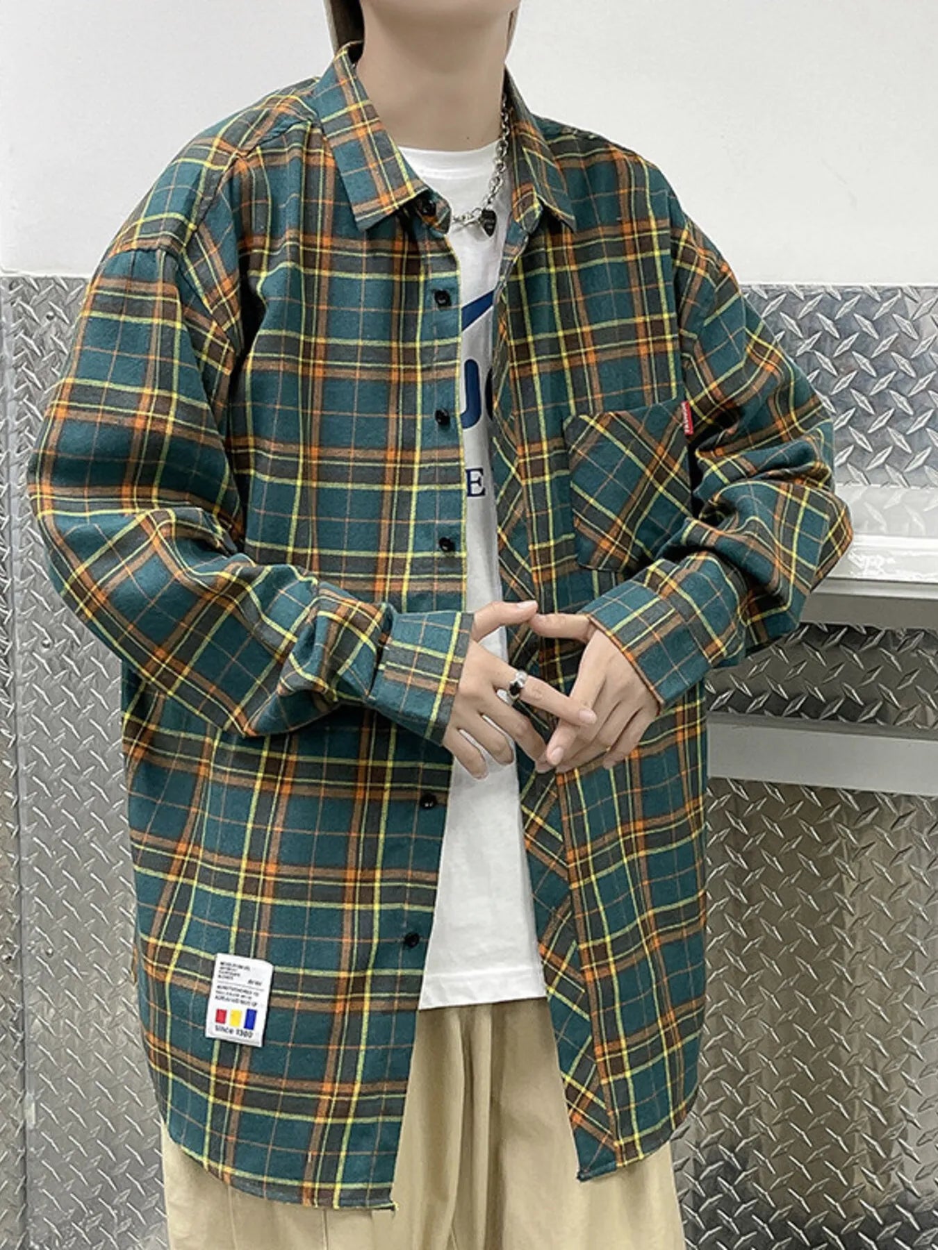 Men's Plus Size Plaid Long Sleeve Shirt - cas7m