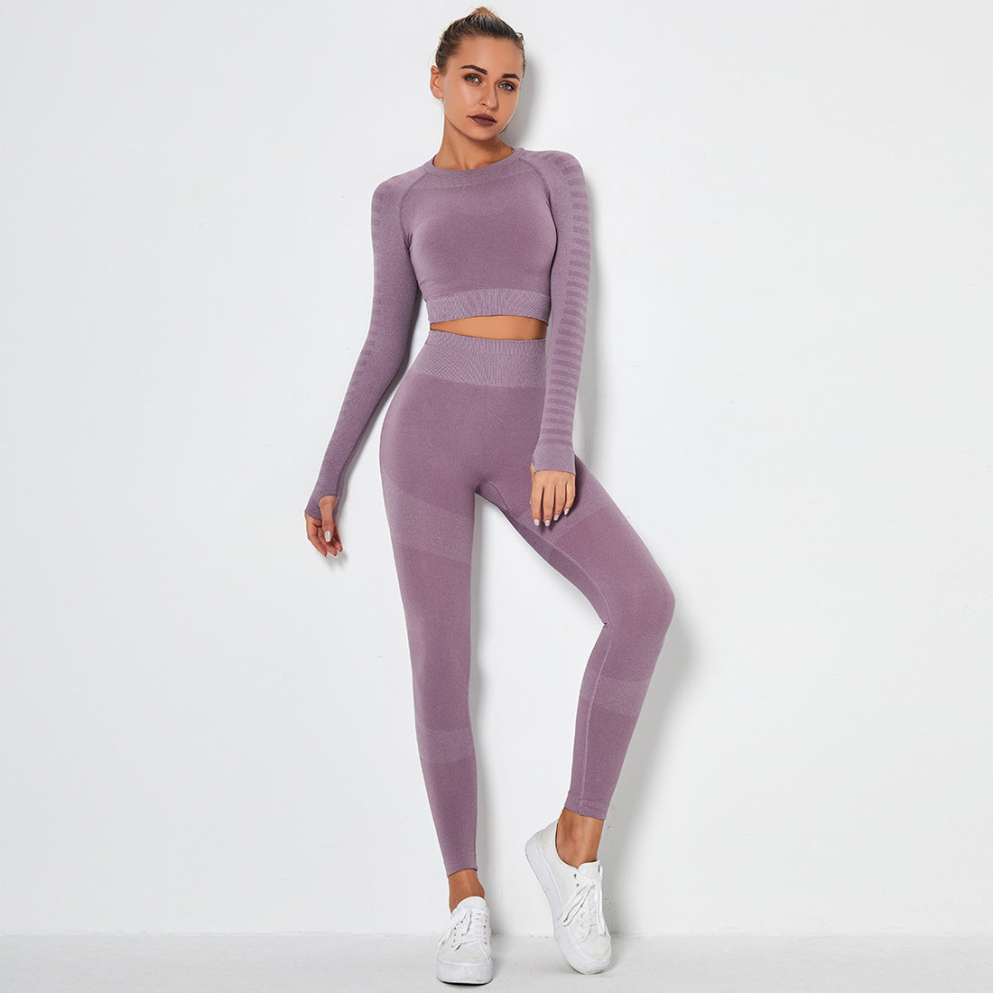 Seamless High-Stretch Yoga Set with Long Sleeve Top - cas7m
