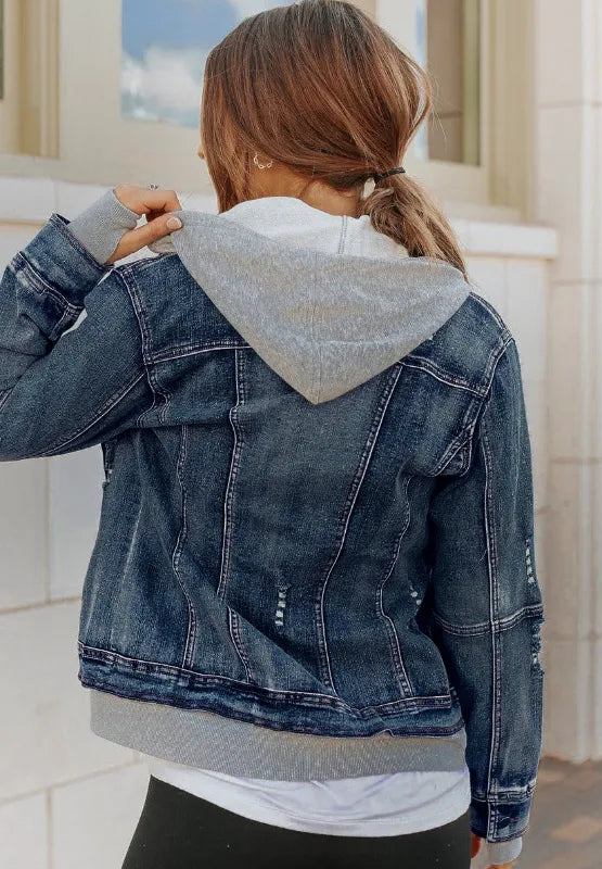 Fake Two-Piece Hooded Zip-Up Denim Jacket - cas7m