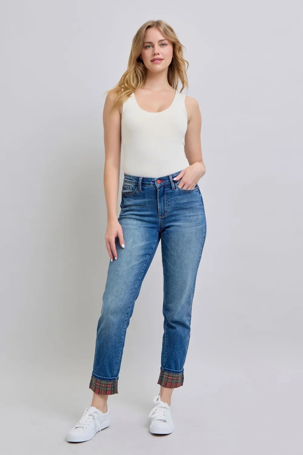 Judy Blue Full Size Plaid Print Cuff Straight Leg Jeans with Pockets - cas7m