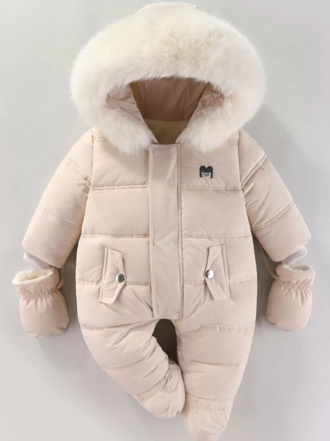 Children's Warm Padded One-Piece Snowsuit with Fur Hood - cas7m