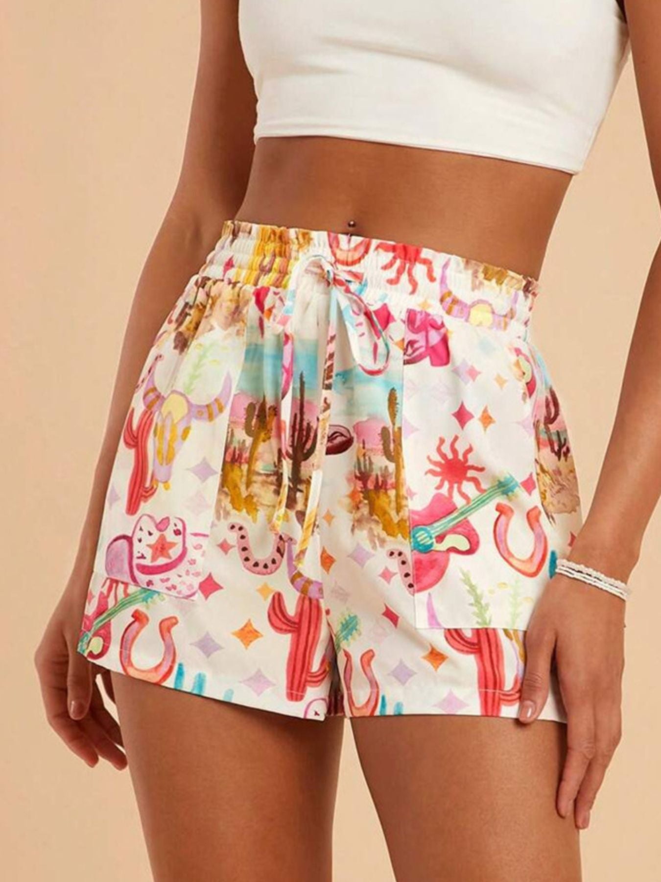 Drawstring Printed Shorts - cas7m