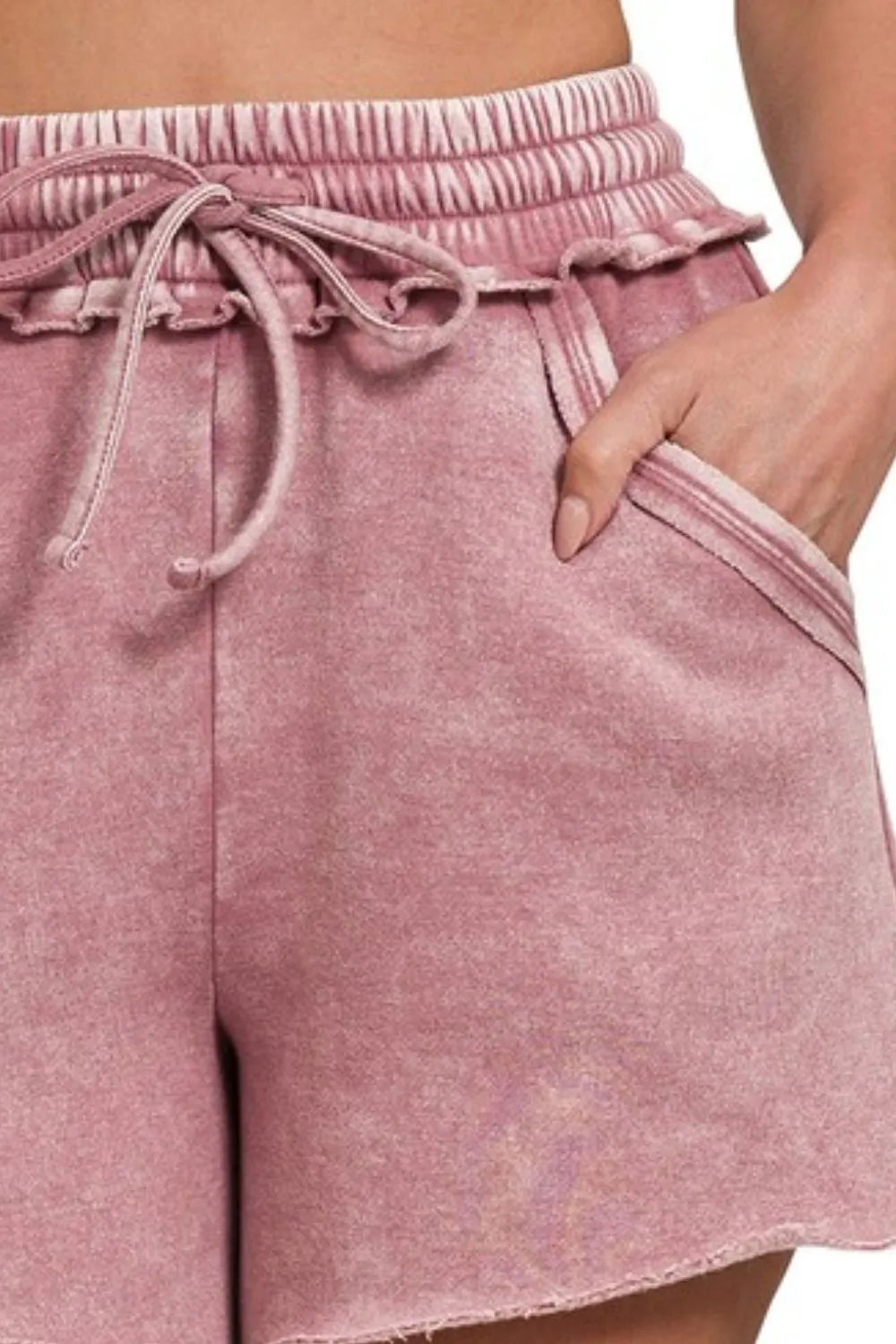 Zenana Acid Wash Fleece Drawstring Shorts With Pockets - cas7m