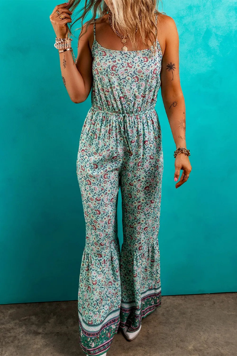 Bohemian Floral Ruffle Bottom Spaghetti Strap Jumpsuit - cas7m