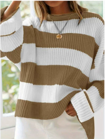 Loose Striped Sweater Fashion Casual Long Batwing Sleeve Round Neck Pullover Knit Tops Women Clothing - cas7m