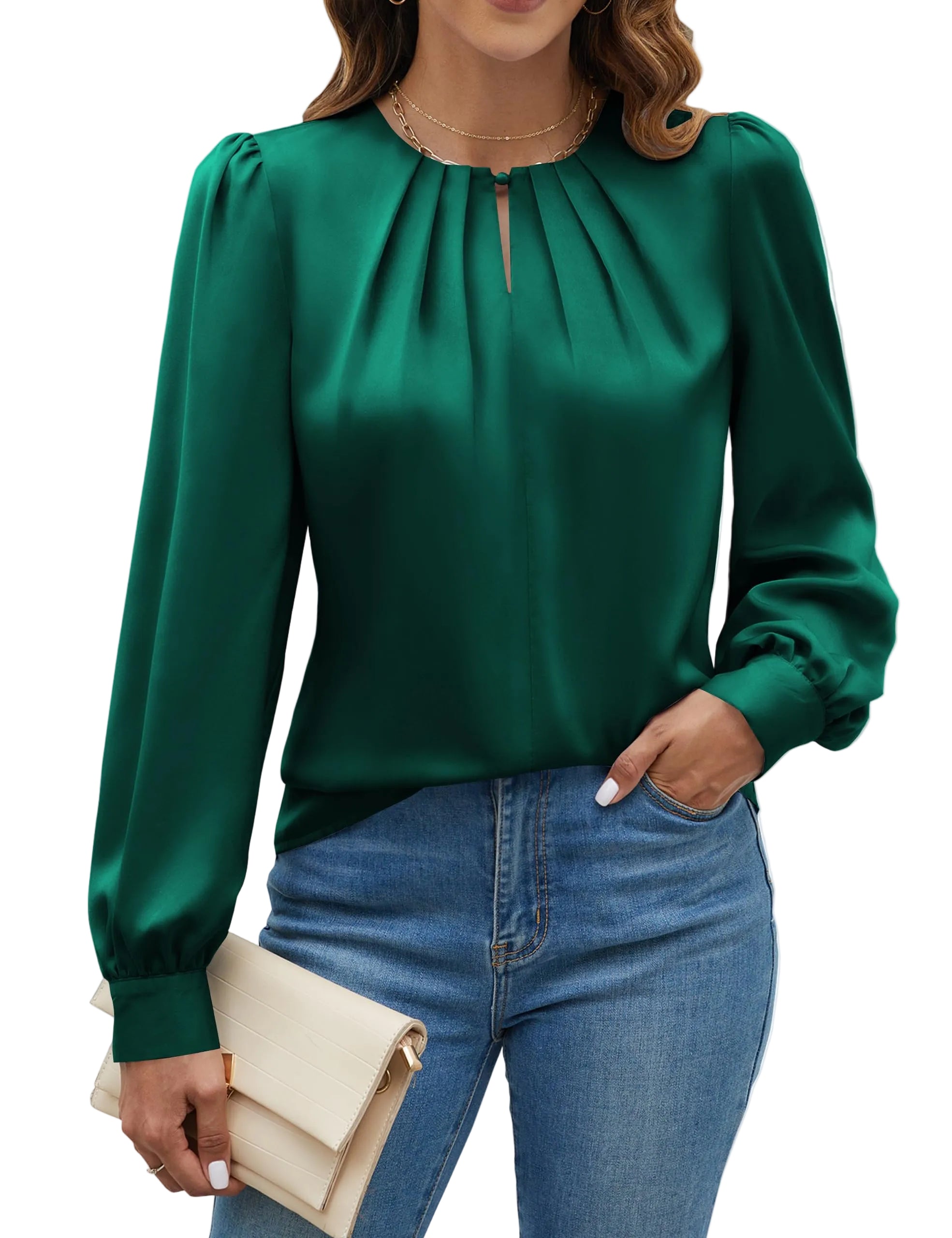 Blooming Jelly Womens Dressy Casual Blouses Satin Long Sleeve Shirts Pleated Work Tops Fall Business Outfits 2024(Dark Green X-Large)
