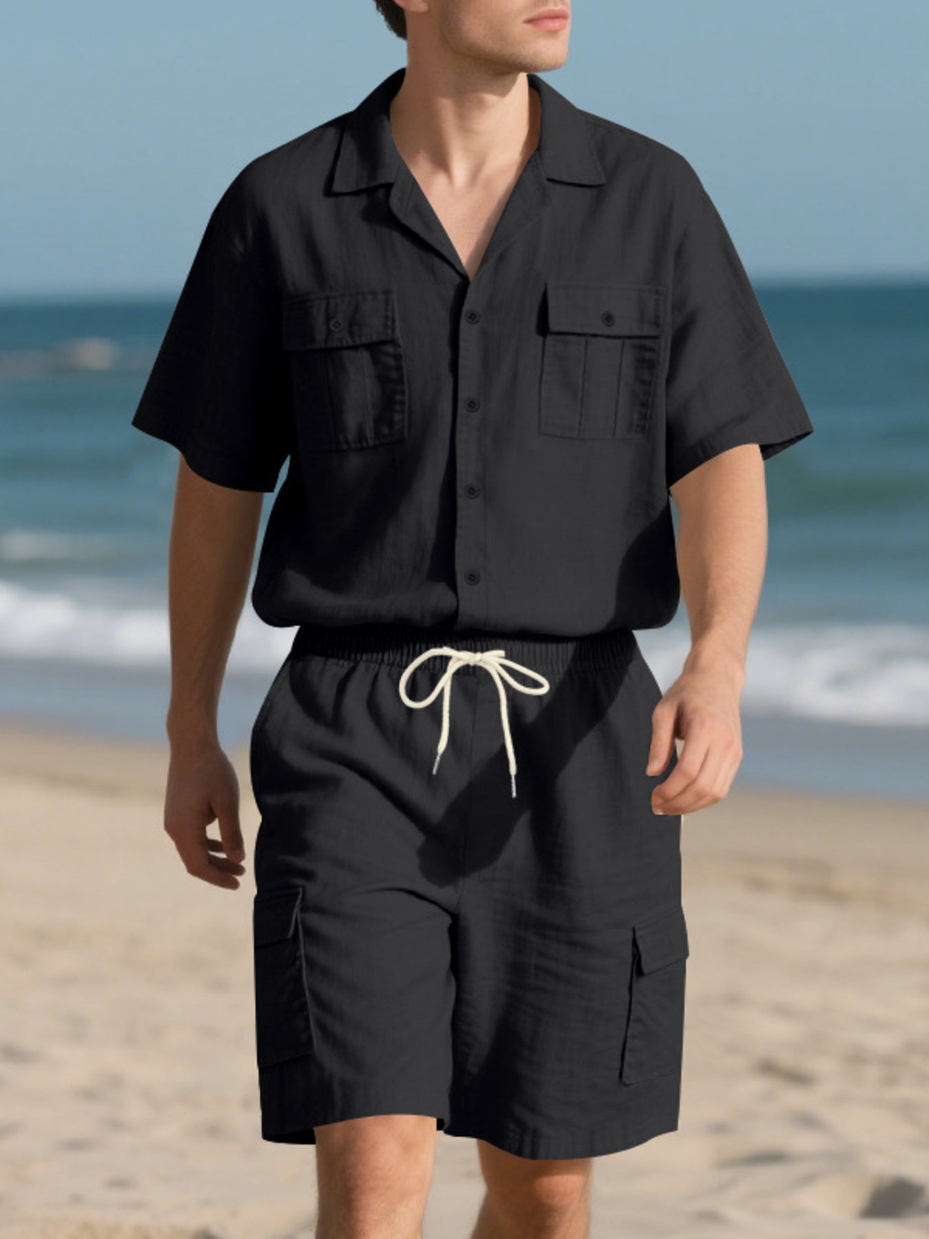 Men's Full Size Button Up Shirt and Shorts Set Plus Size - cas7m