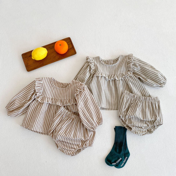 Cotton Baby Ruffle Collar Striped Long Sleeved Skirt Bread Pants Set - cas7m