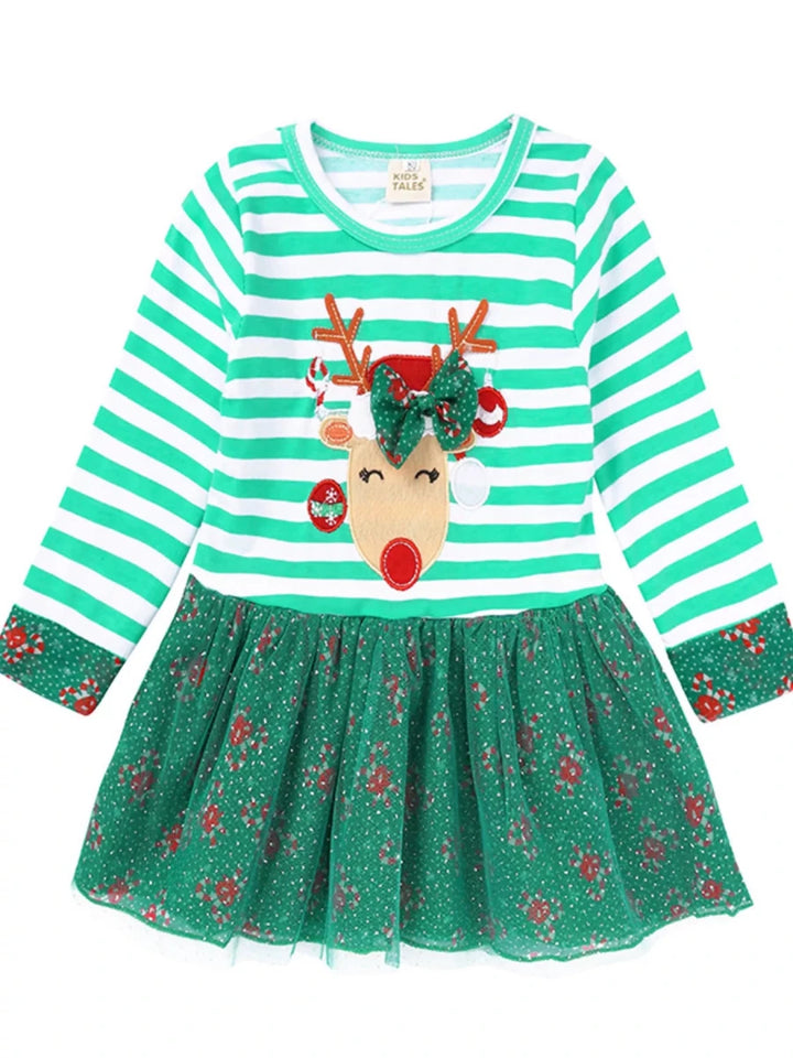 Children's Christmas Reindeer Applique Striped Long Sleeve Dress - cas7m