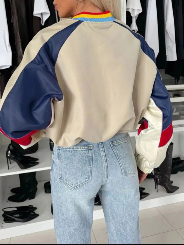 Contrast Baseball Collar Zip Up Long Sleeve Jacket - cas7m