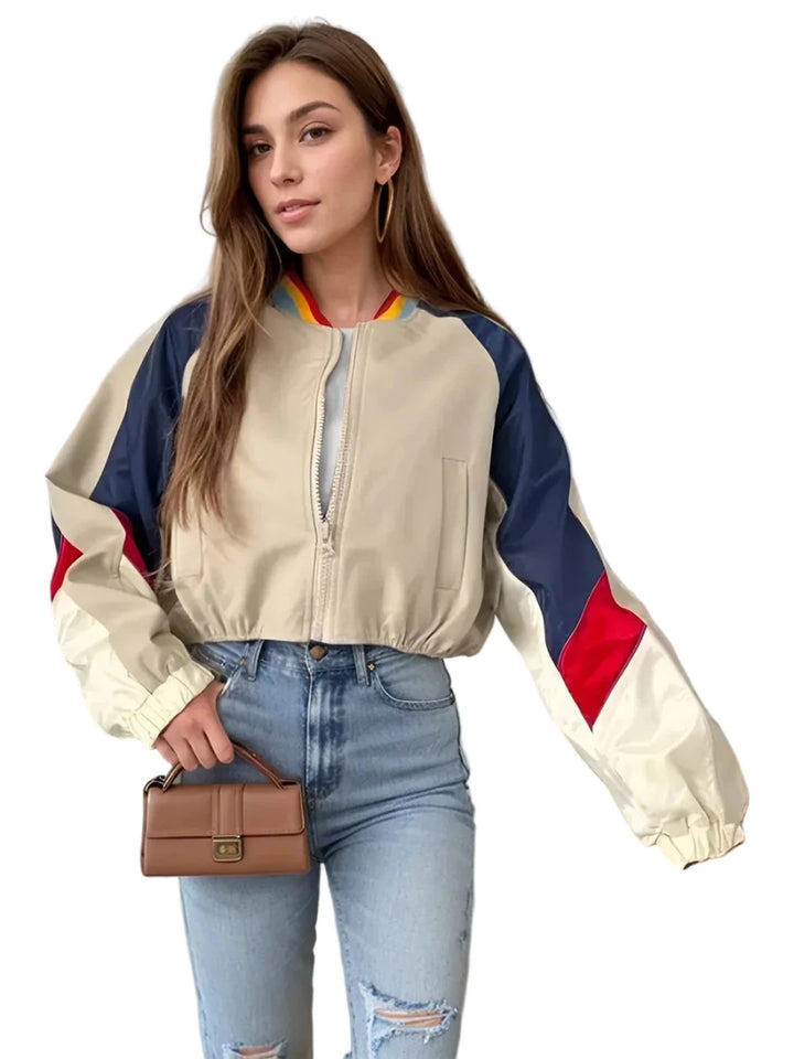 Contrast Baseball Collar Zip Up Long Sleeve Jacket - cas7m