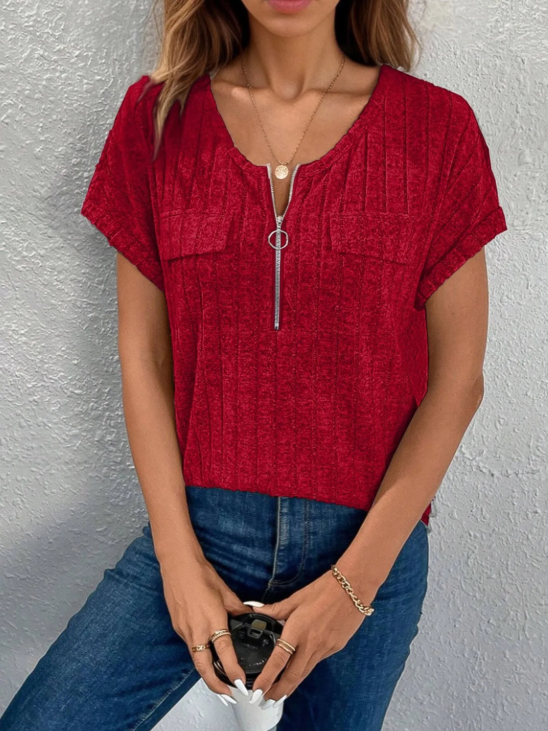 Zip-Front Short Sleeve T-Shirt - cas7m
