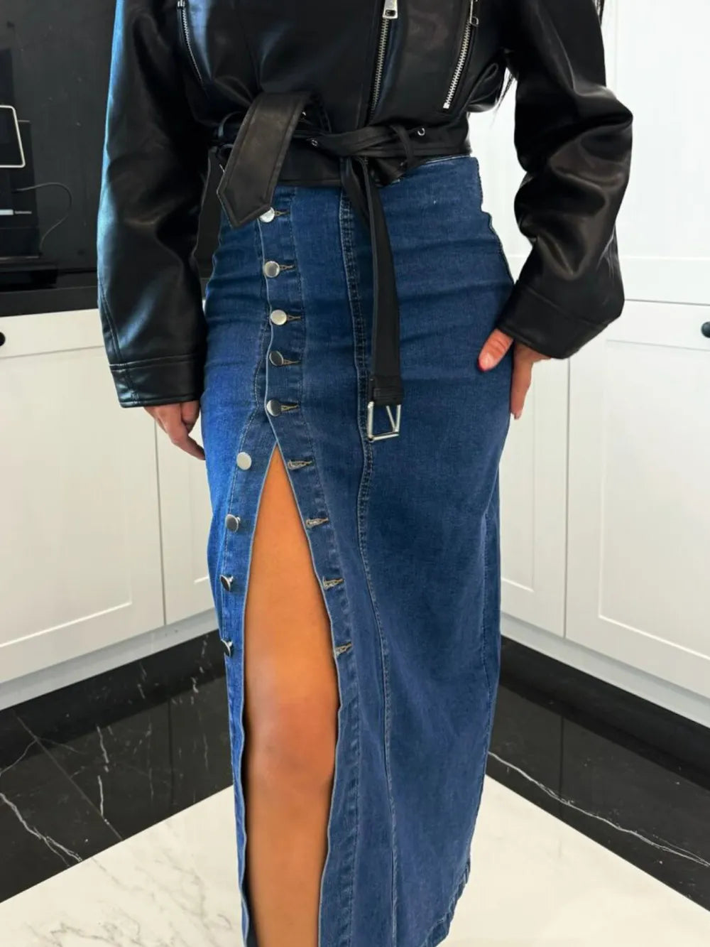 Front Button Slit Midi Denim Skirt - cas7m