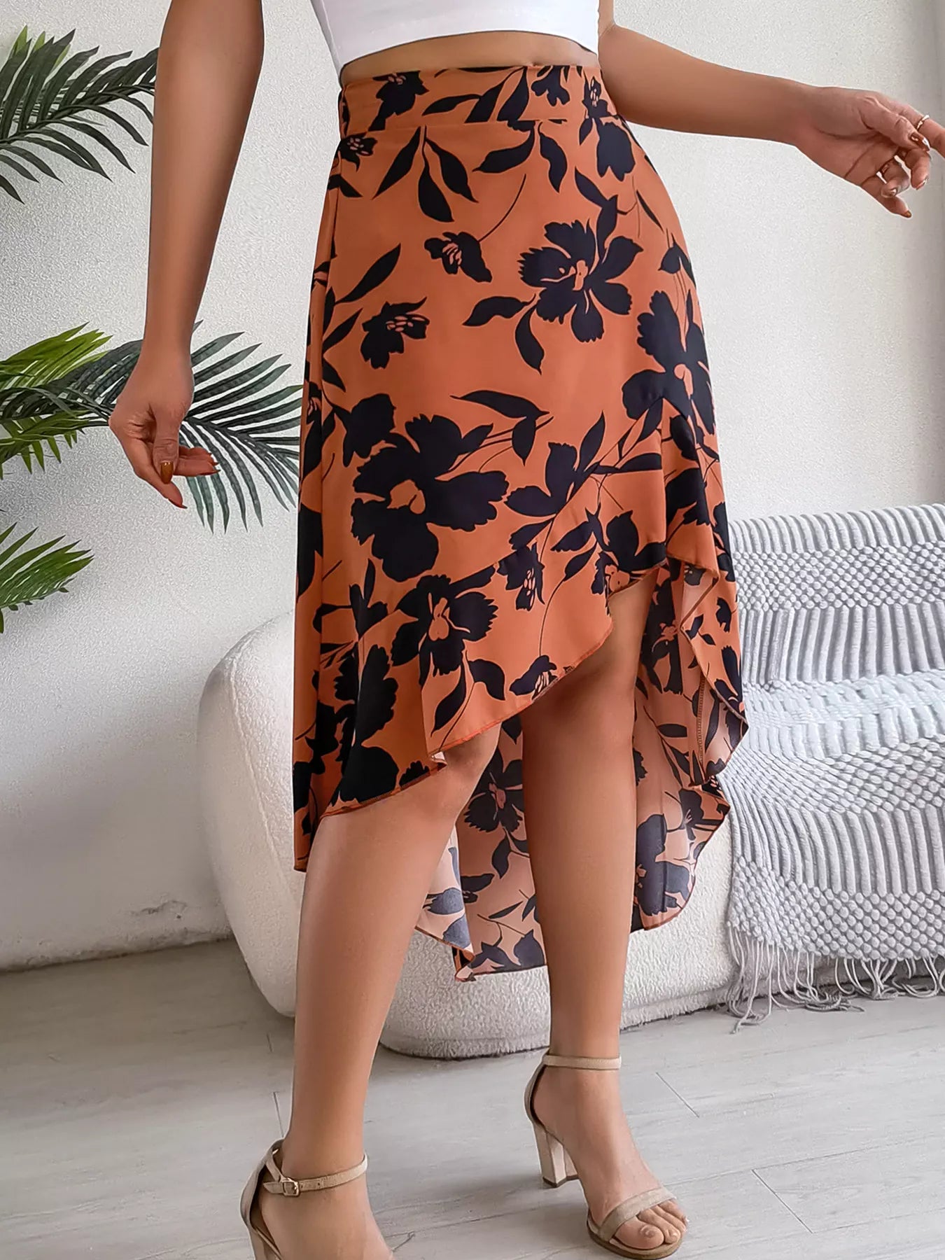 Floral Print Ruffle Hem Asymmetrical Skirt - cas7m