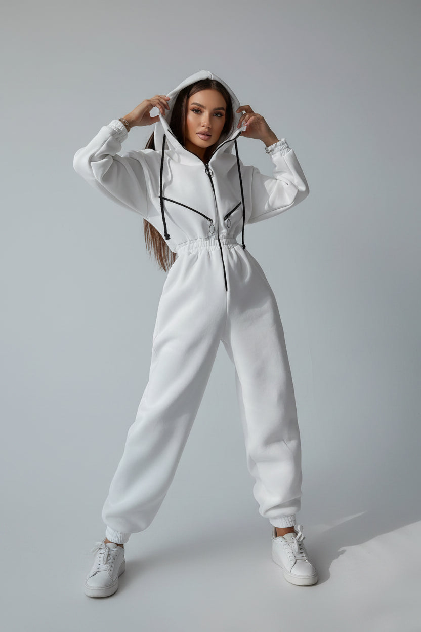 Hooded Zip-Up Long Sleeve Jumpsuit - cas7m