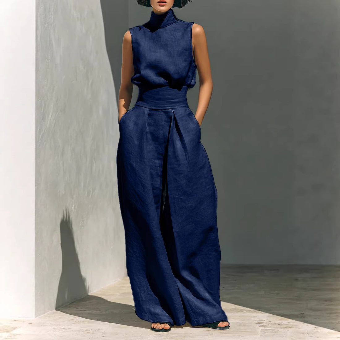 Casual Sleeveless Suit Summer Stand-up Collar Pullover Top And Loose Straight-leg Trousers Women's Clothing - cas7m
