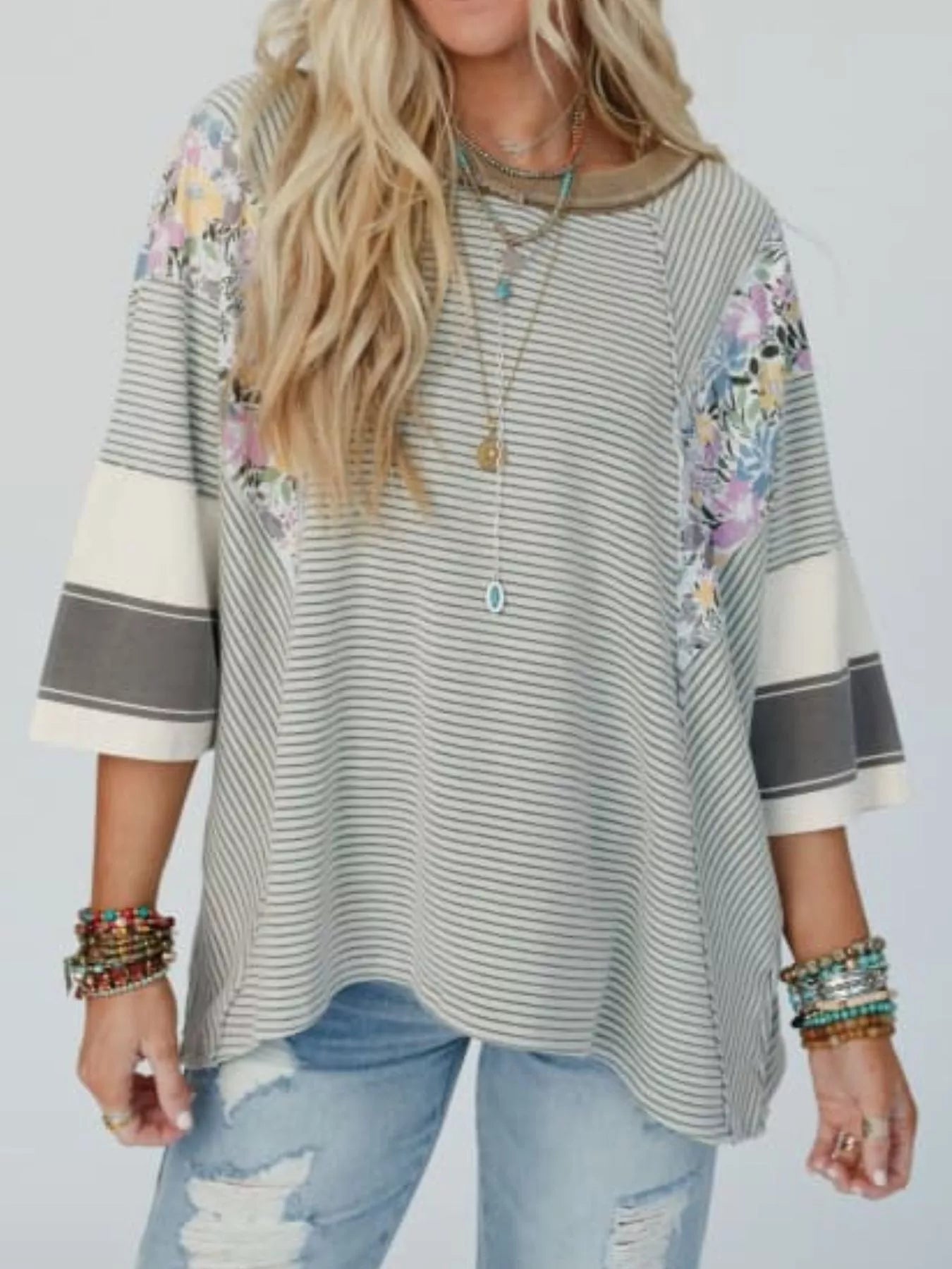 Striped Floral Long Sleeve T-Shirt - cas7m