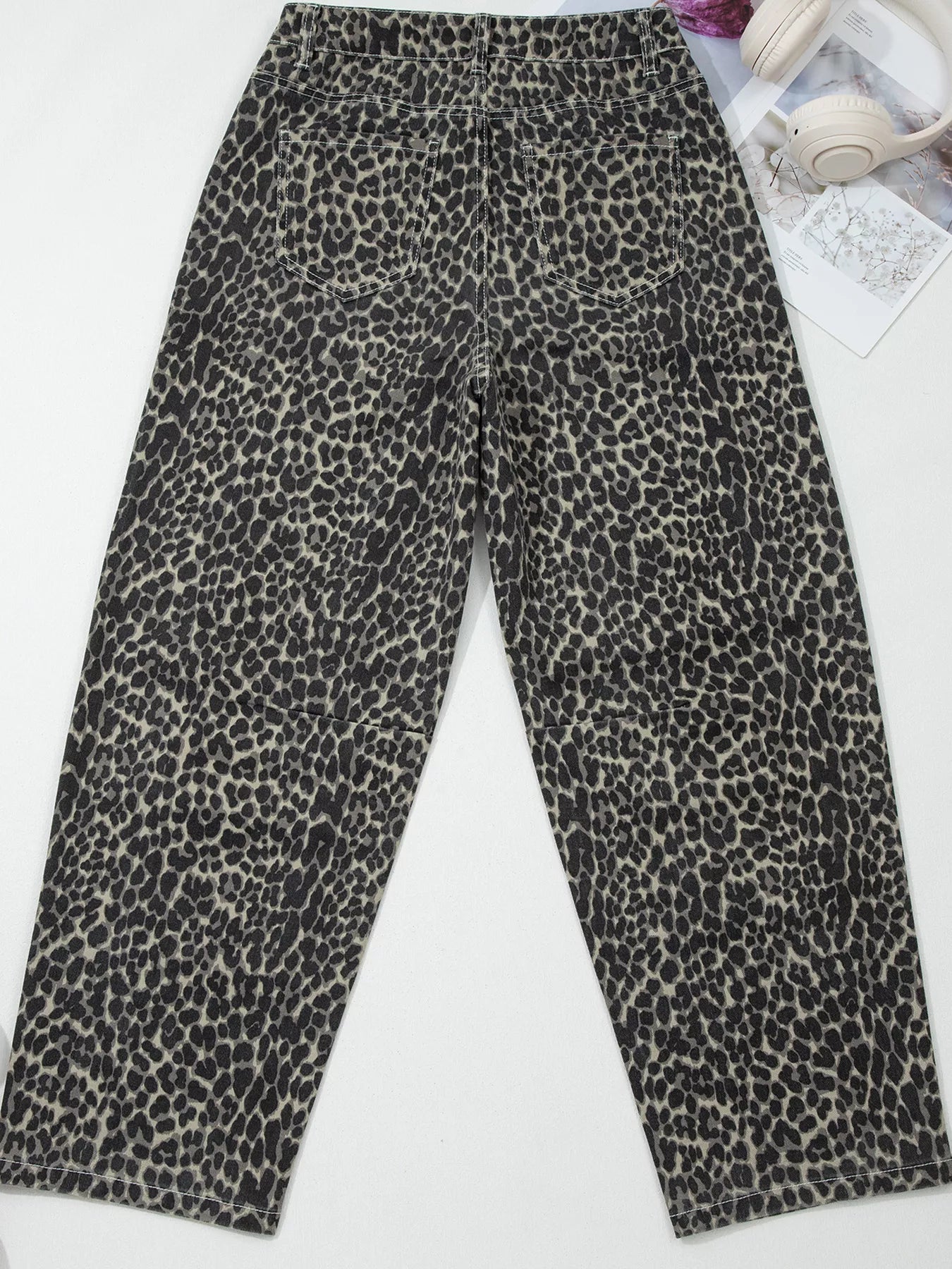 Leopard Print High Waist Barrel Jeans - cas7m