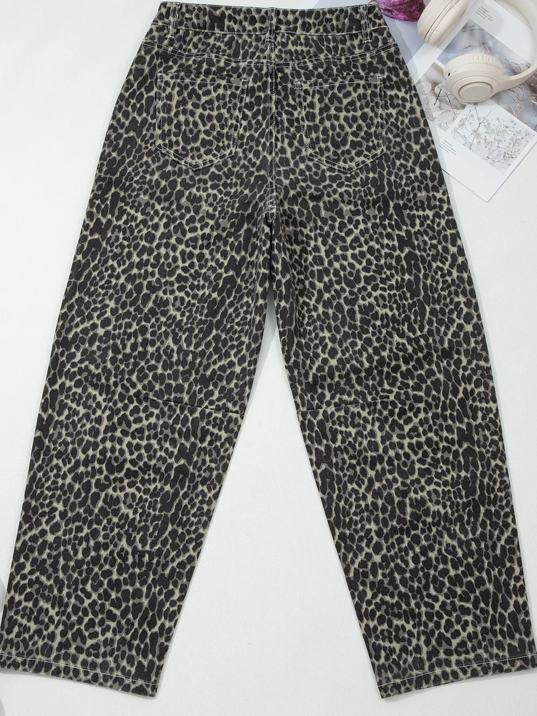 Leopard Print High Waist Barrel Jeans - cas7m