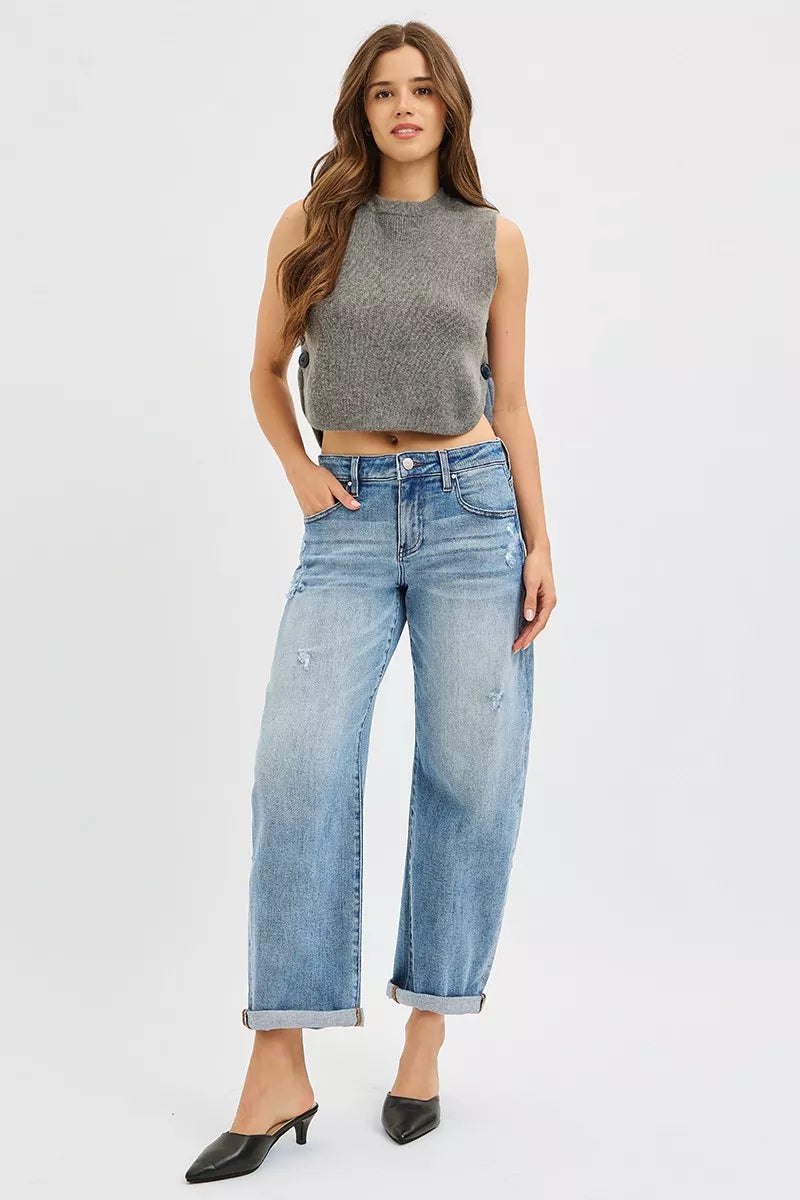 RISEN Full Size Slouchy Ankle Length Barrel Jeans with Cuffs Plus Size - cas7m