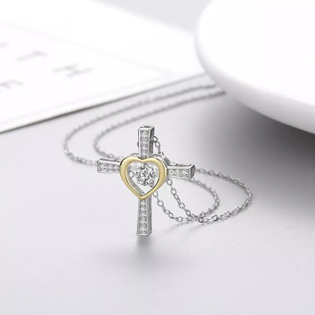 925 Sterling Silver Heart Cross Necklace - cas7m