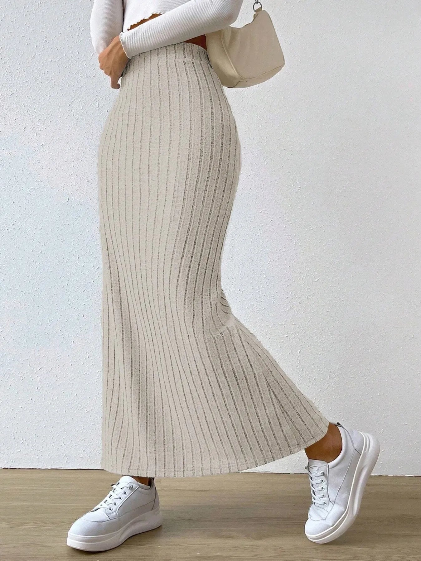 High Waist Ribbed Knit Maxi Skirt - cas7m