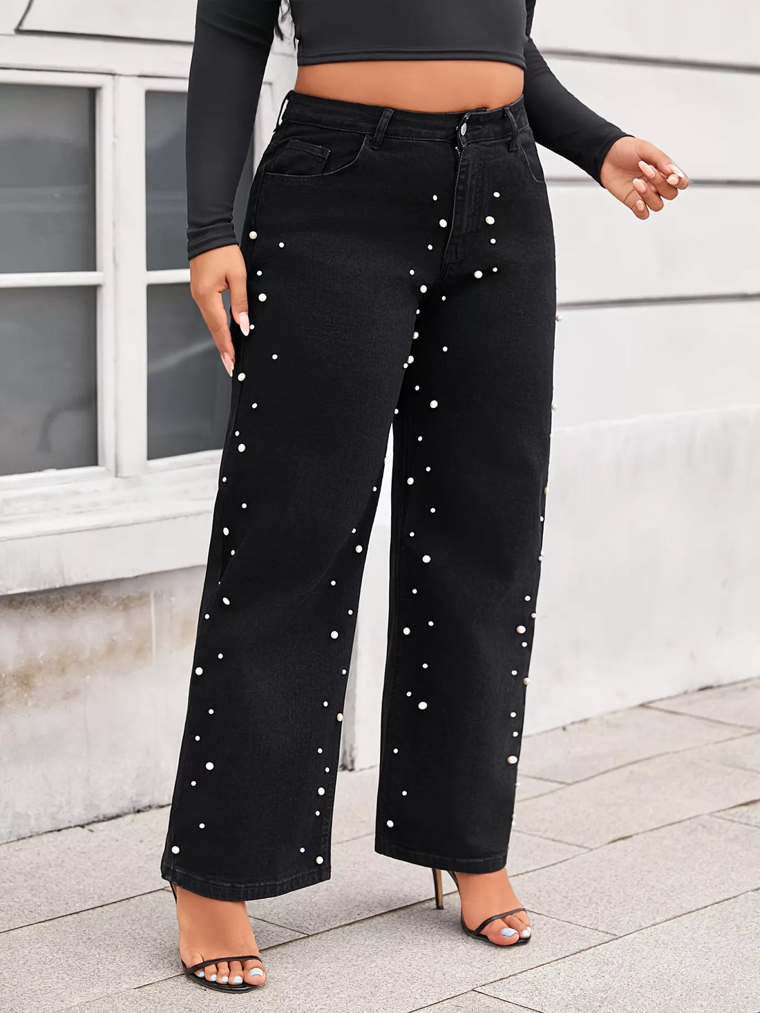 Plus Size Pearl Embellished Wide Leg Jeans - cas7m
