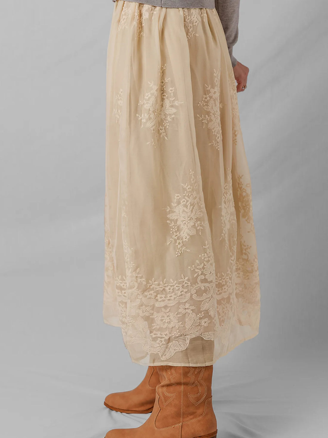 Embroidered Mesh Overlay Flowy Midi Skirt - cas7m