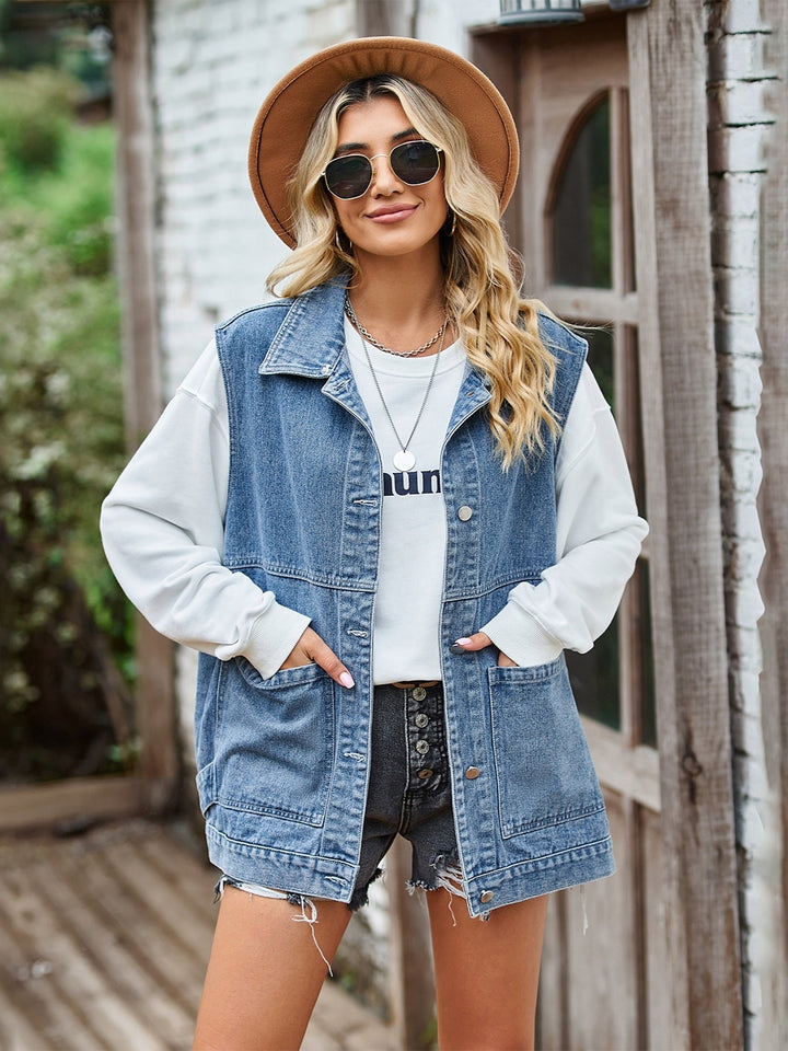 Button Front Sleeveless Denim Jacket - cas7m
