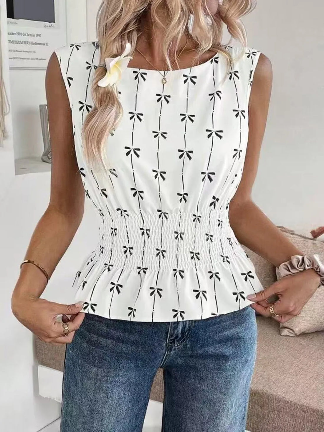 Bow Print Tie Shoulder Tank - cas7m