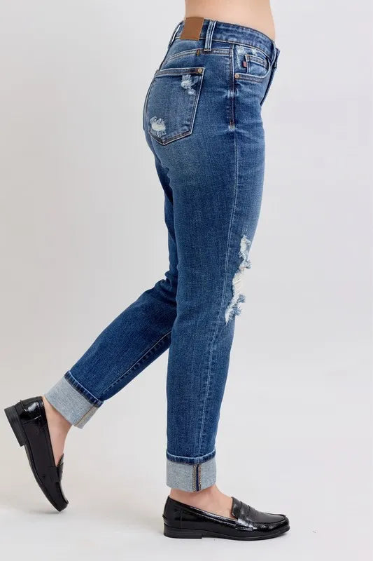 Judy Blue Full Size Mid Rise Boyfriend destroy Jeans with Yoke Pockets and Faux Selvedge Cuff Plus Size - cas7m