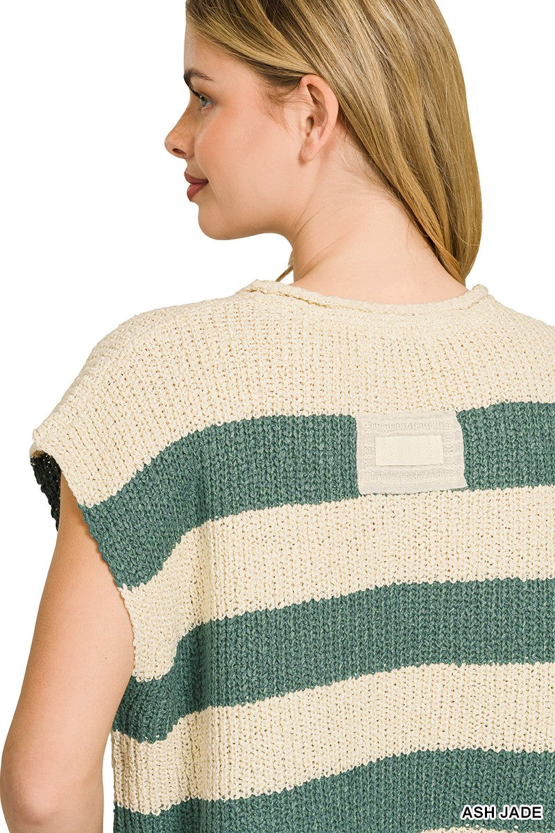 Zenana Split Neck Stripe Sleevless Sweater - cas7m