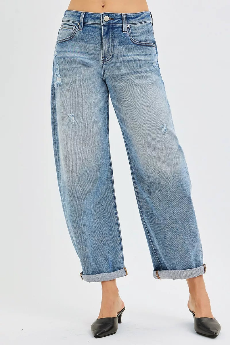 RISEN Full Size Slouchy Ankle Length Barrel Jeans with Cuffs Plus Size - cas7m