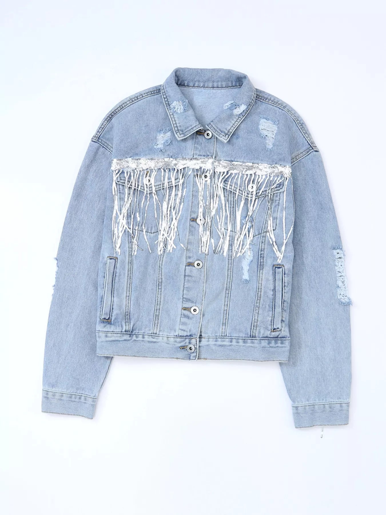 Fringed Sequin Embellished Denim Jacket - cas7m