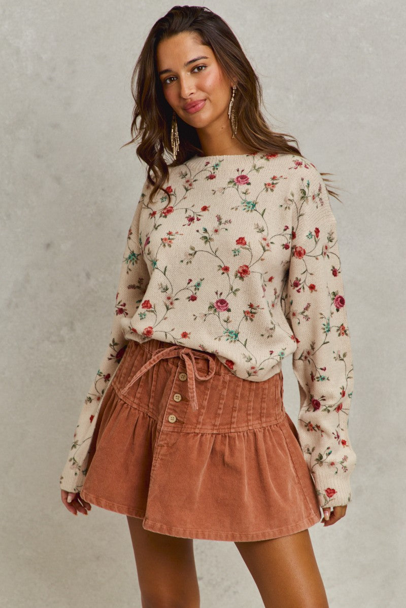 SO ME Mineral Wash Pintucked Corduroy Mini Flared Skirt - cas7m